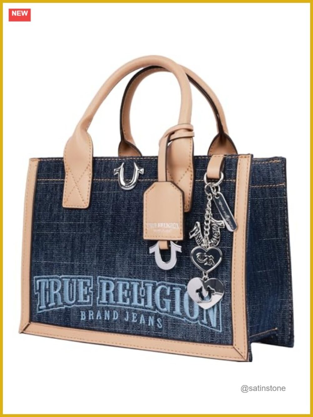 Denim Tote Bag Embroidered Logo Structured Shoulder Bag